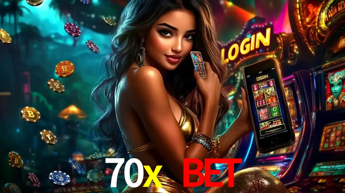 Mulher em um cenário de cassino temático de aventura, mostrando o app de caça-níqueis da 70x bet no celular. Fichas de apostas flutuam ao redor.