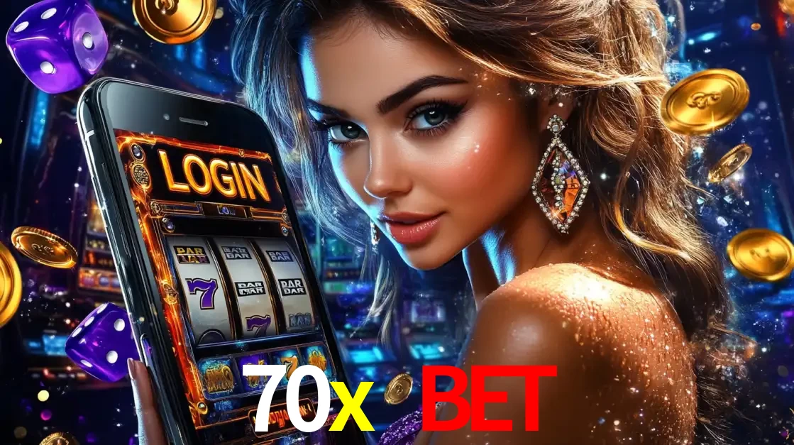 Mulher glamorosa segurando um smartphone com a tela de login para os jogos de caça-níqueis do cassino online 70x bet, com moedas de ouro e dados ao redor.