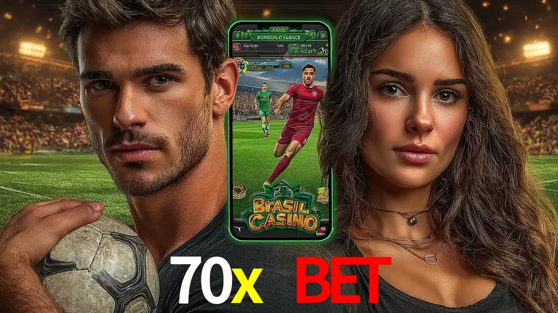 Homem segurando uma bola de futebol e uma mulher ao lado de um smartphone exibindo o jogo de apostas esportivas da 70x bet. Faça seu palpite no cassino online.